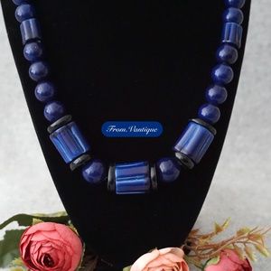 🔵 VINTAGE Retro Blue Beaded Statement Necklace 📿